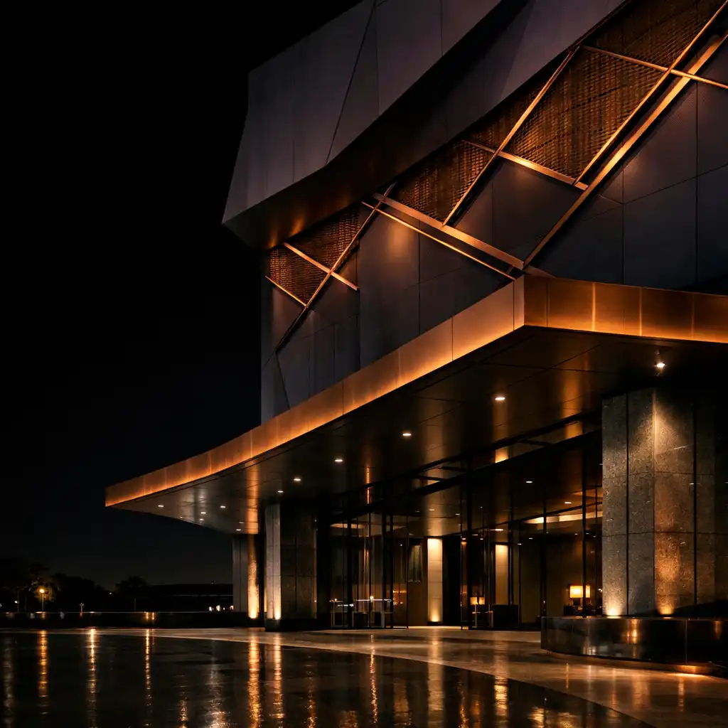 Copperfoldresort's sculptural hotel arrival at night, lit by warm architectural lighting