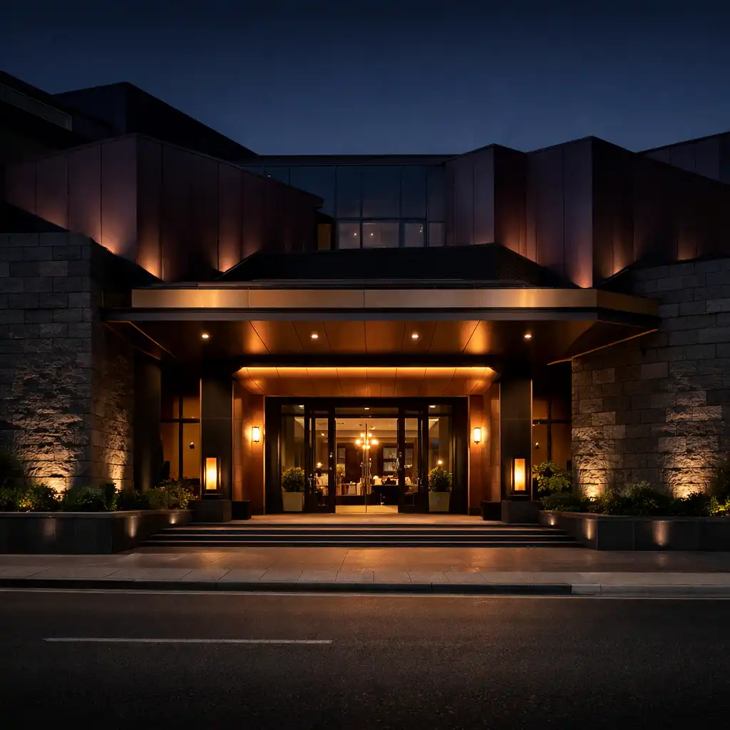A refined Copperfoldresort exterior arrival in Perth at dusk, with copper details and amber entrance light