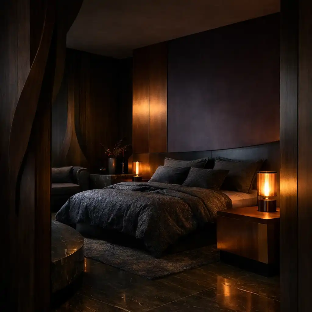 A dark, design-led Copperfoldresort suite interior with copper joinery and warm bedside light
