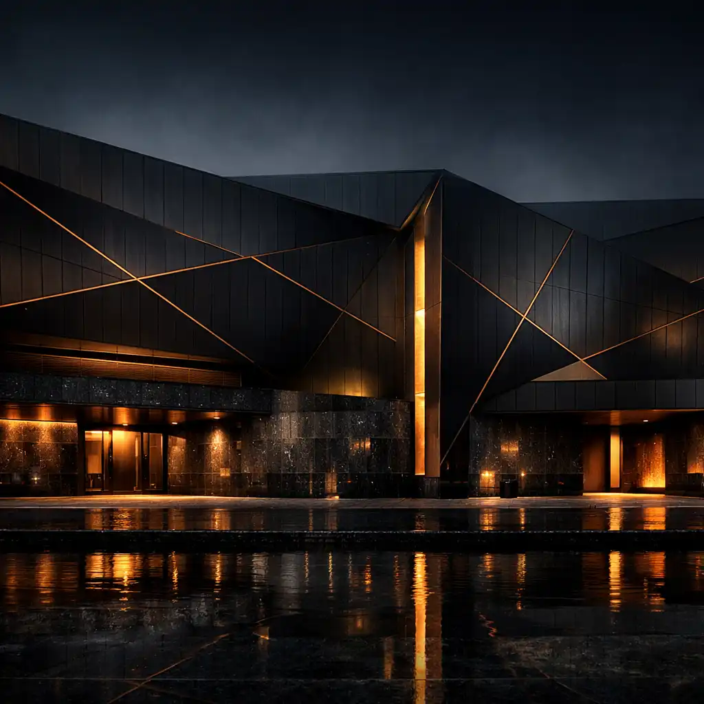 Copperfoldresort facade after dark with folded black metal surfaces, copper lattice lines and amber recessed light.