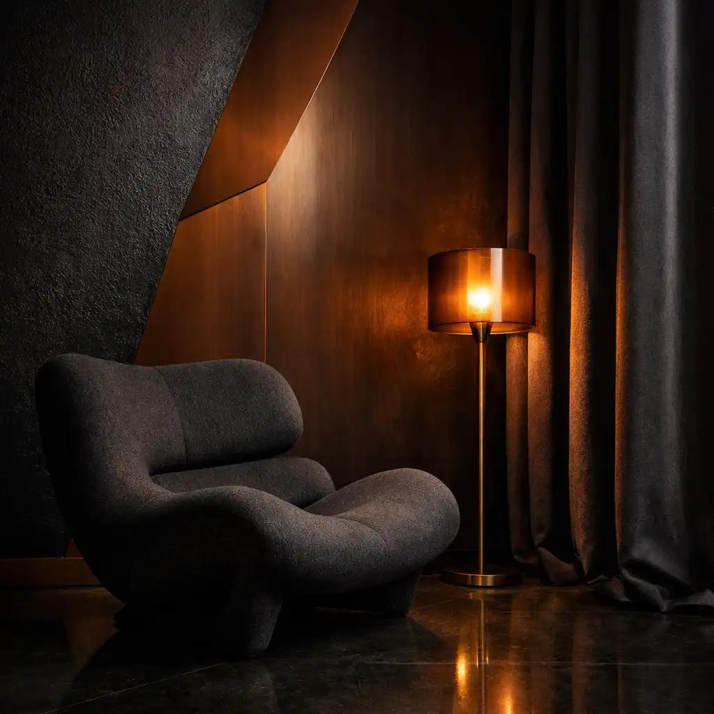 Designer suite corner with sculptural chair, charcoal drapery, copper reveal and amber floor lamp.