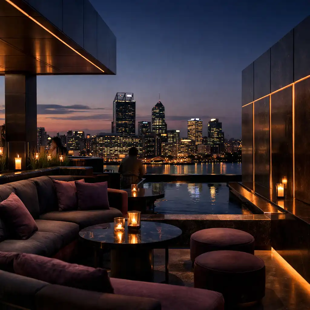 Layered seating and amber lighting across a Copperfoldresort rooftop lounge