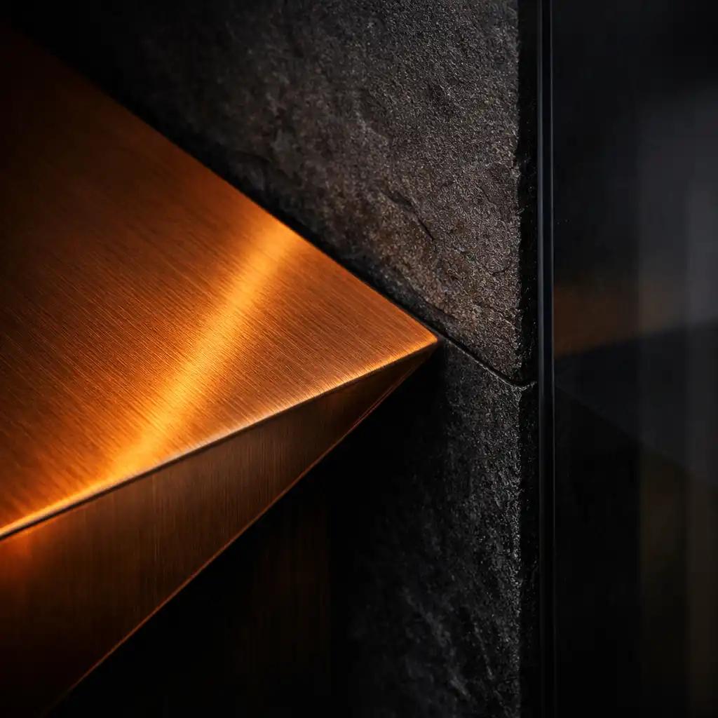 Close architectural detail of a brushed copper folded edge meeting charcoal stone and smoked glass