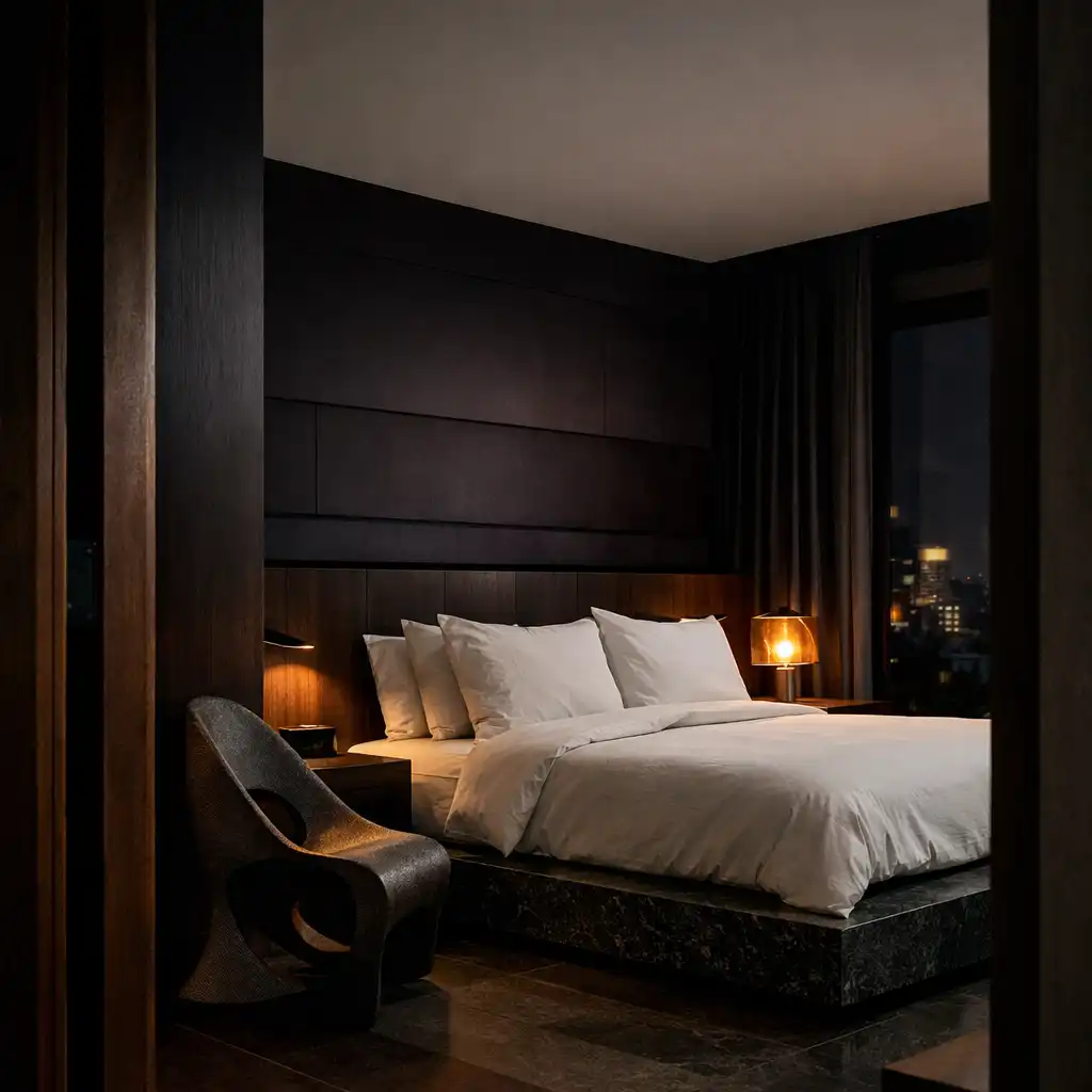 Low-lit designer suite with layered dark panels, white linens, a sculptural chair, and a warm amber lamp