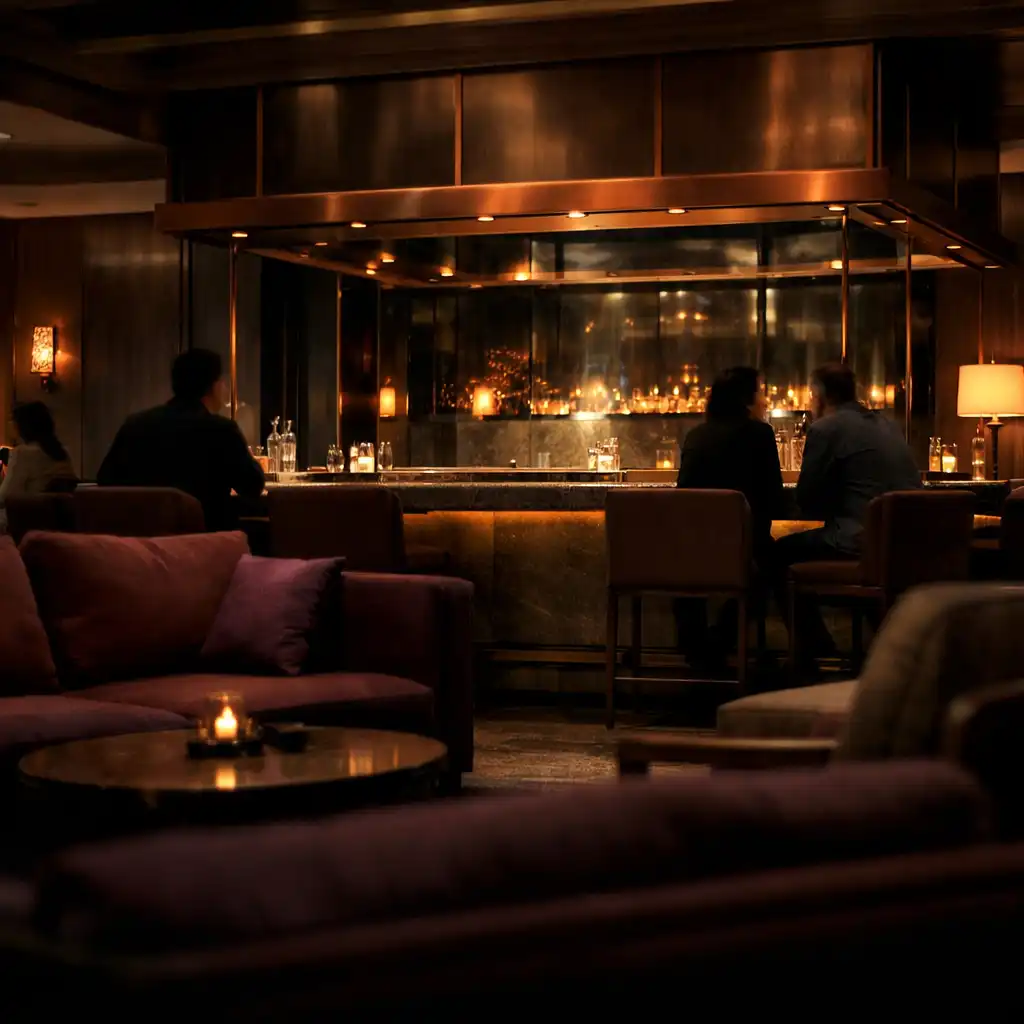 Dark hotel lounge and dining room with plum seating, copper framing, reflective surfaces, and amber practical lights