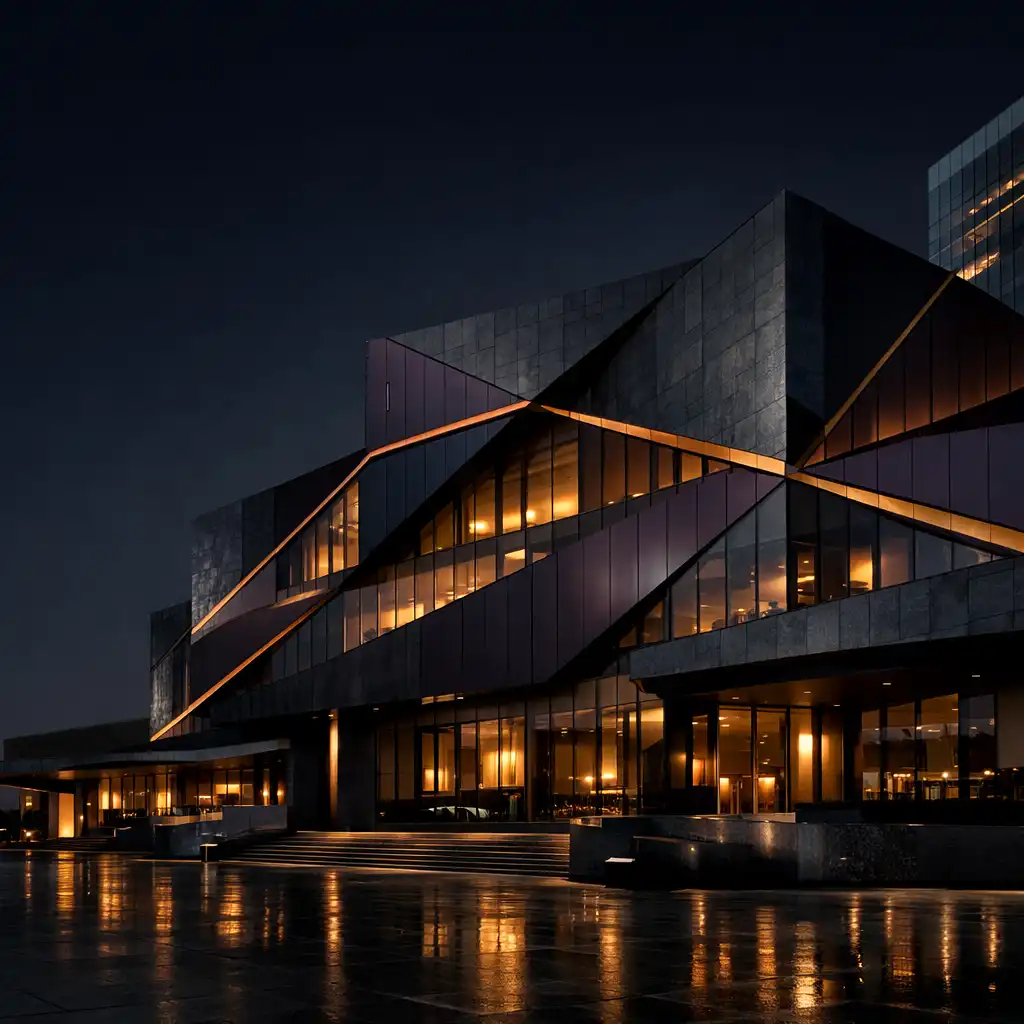 Copperfoldresort exterior in Perth after dark, with a folded facade, copper lattice lines, and amber entrance light