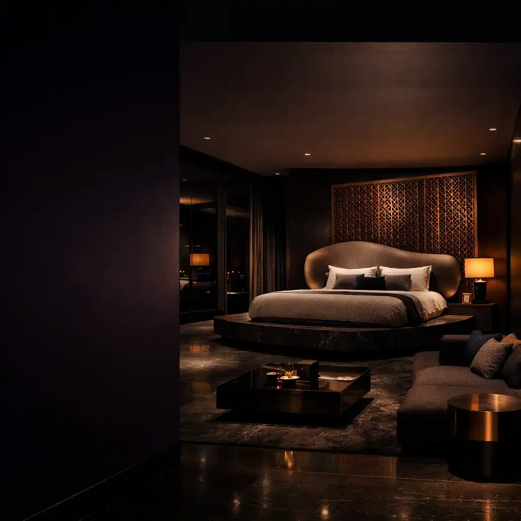 A low-lit designer suite with dark timber, copper detailing and an amber-lit lounge area.
