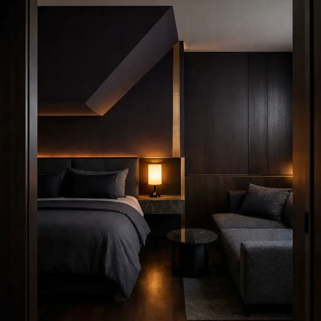 Quiet designer suite interior with charcoal textiles, dark timber, copper trim and warm amber bedside light.