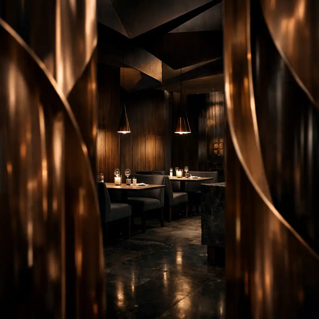 Copperfoldresort restaurant dining room with copper partitions, set tables and amber evening light.