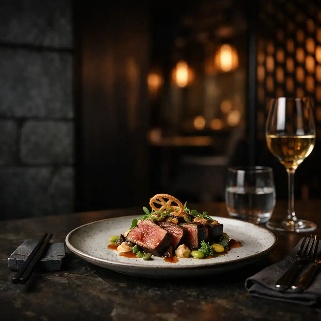 Contemporary plated dish on a dark restaurant table with copper lattice shadows and soft amber light.