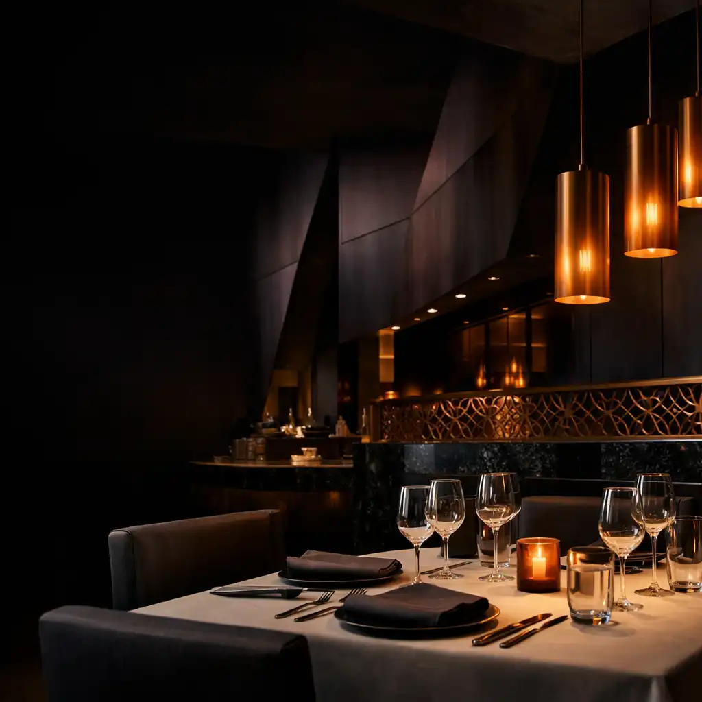 A carefully set dining table illuminated within Copperfoldresort's dark architectural interior.