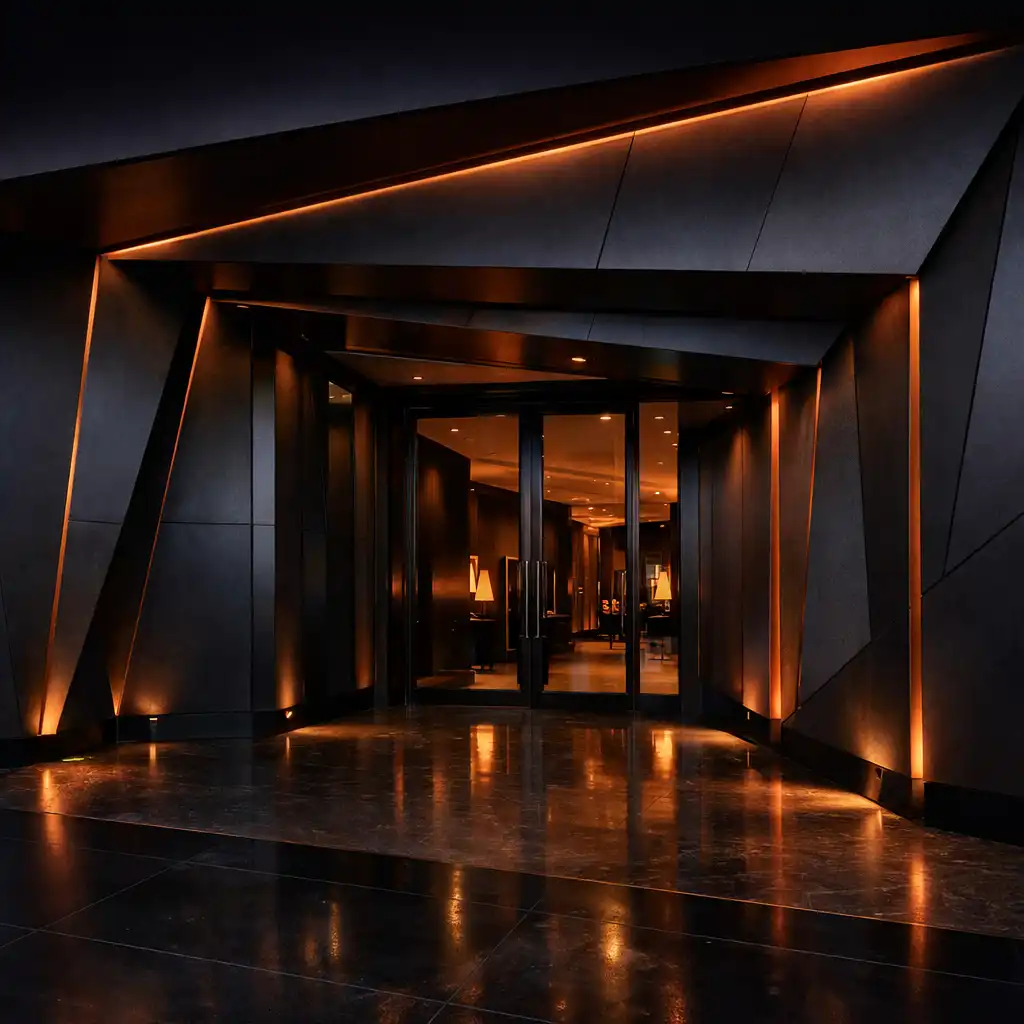 A folded charcoal hotel entrance with copper edge lines, reflective stone paving and warm amber light at dusk.