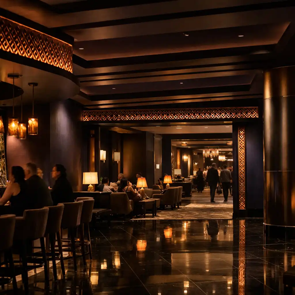 A dark shared lounge interior with layered ceilings, copper lattice edges, reflective flooring and intimate amber architectural lighting.