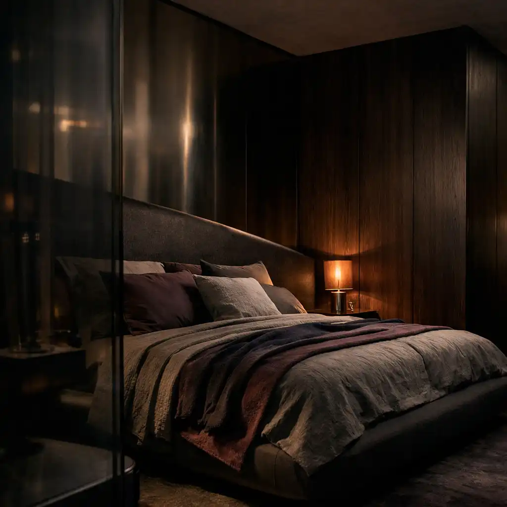 An avant-garde designer suite with dark timber wall planes, a sculptural bed, reflective surfaces and a warm bedside light.