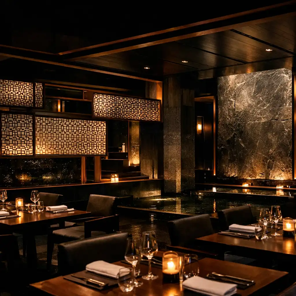 Copperfoldresort restaurant dining room with layered screens, set tables and amber table lighting.