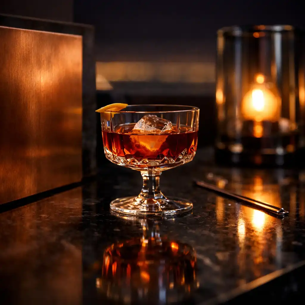 An unbranded glass on dark reflective stone beside brushed copper and smoked glass under a soft amber light.