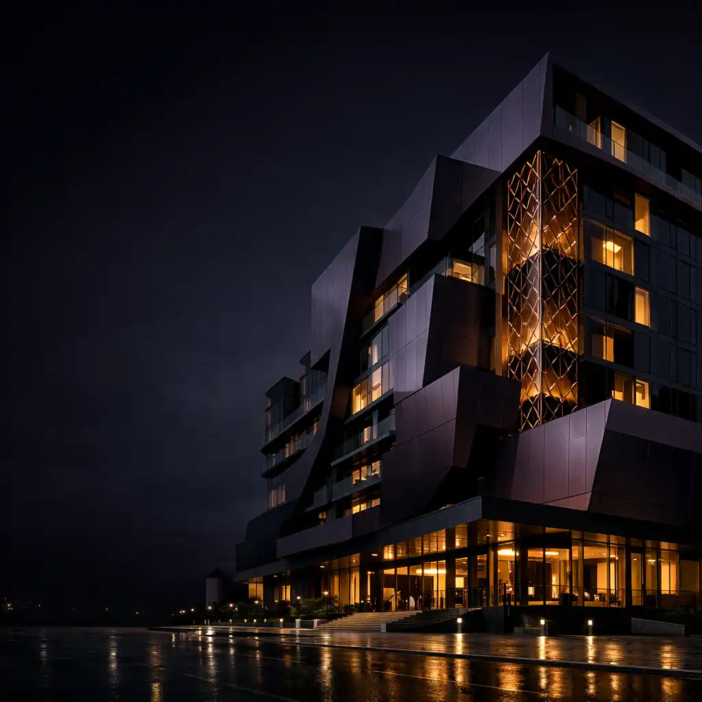 Copperfoldresort's angular dark facade at night, with copper-edged threshold lighting and reflective paving.