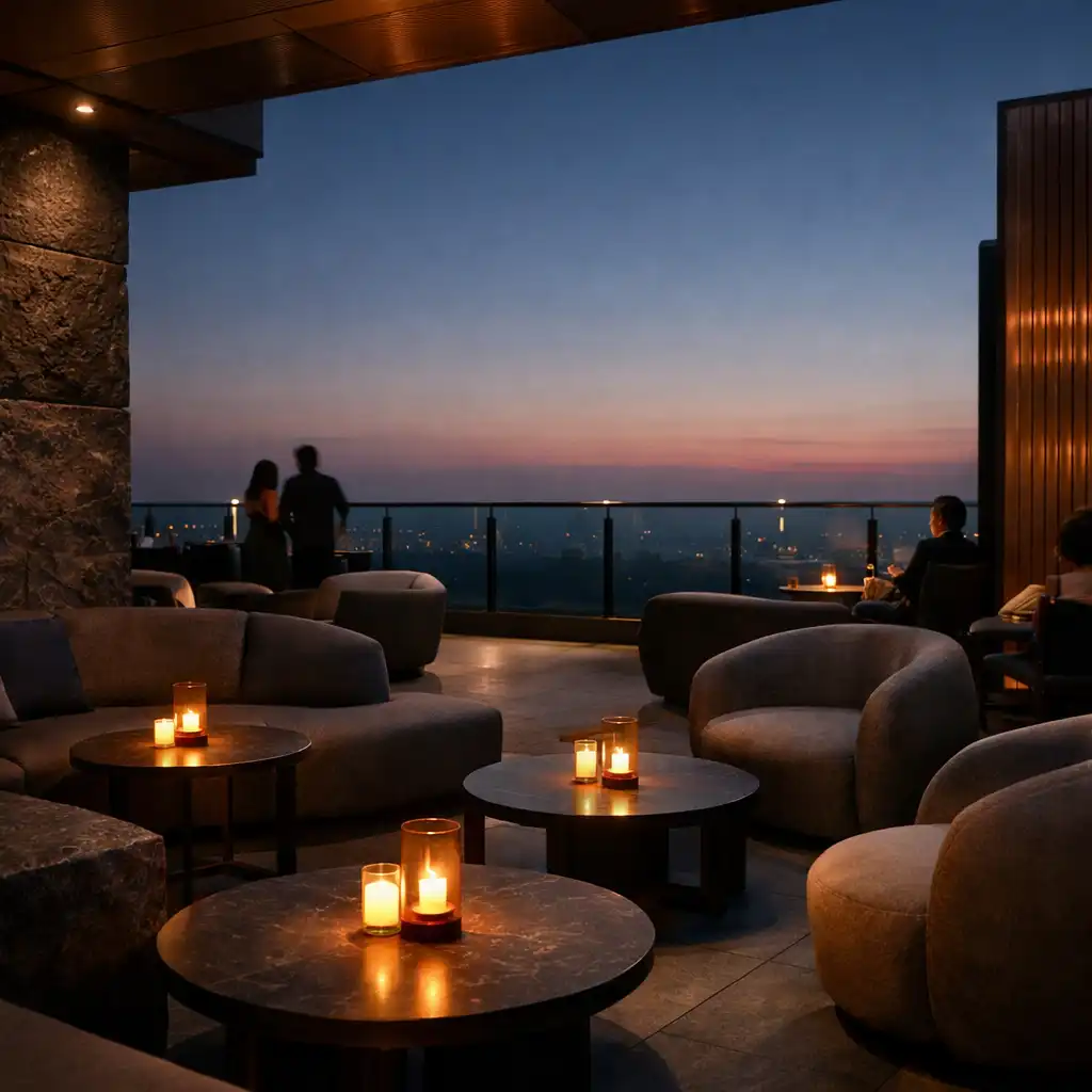 A contemporary rooftop lounge after sunset with sculptural seating, dark glass, charcoal stone and amber table lighting.