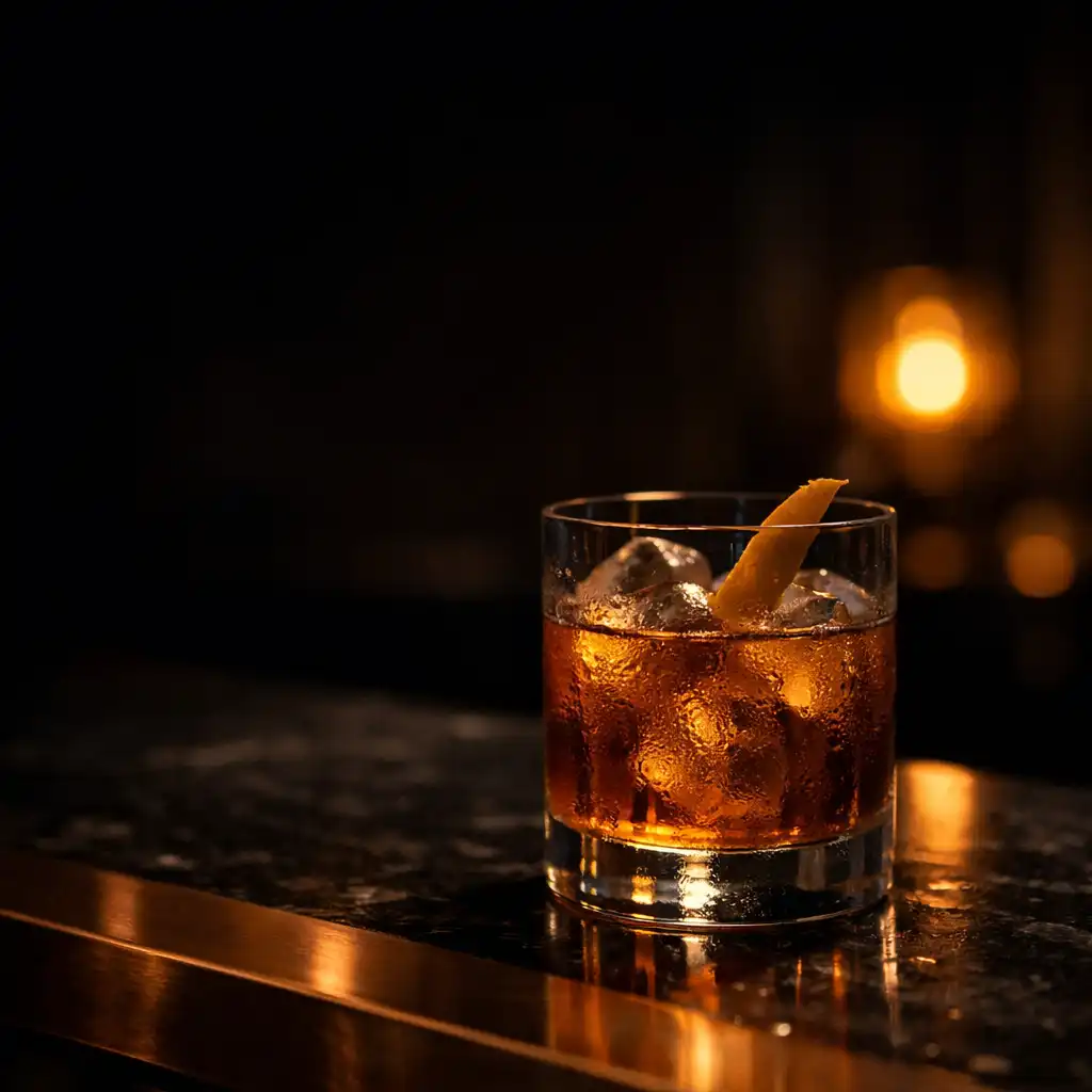 An elegant mixed drink on reflective dark stone with copper detail and an amber light in the distance.