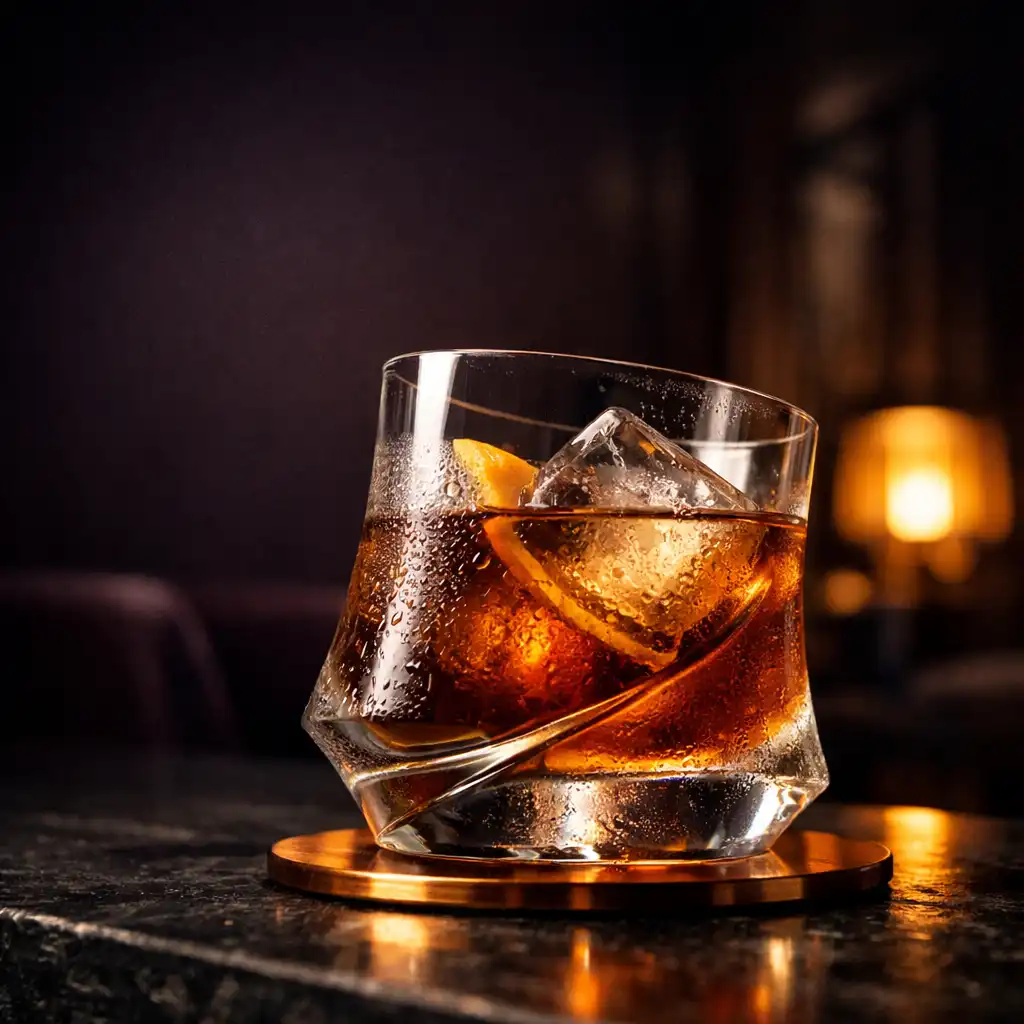 Refined mixed drink on a dark stone bar with brushed copper trim