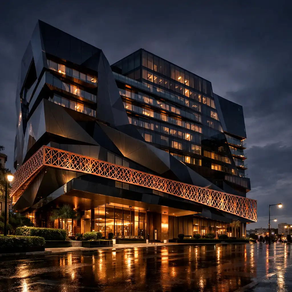 Copperfoldresort’s faceted dark exterior in Perth with copper lattice accents and an amber-lit entry.