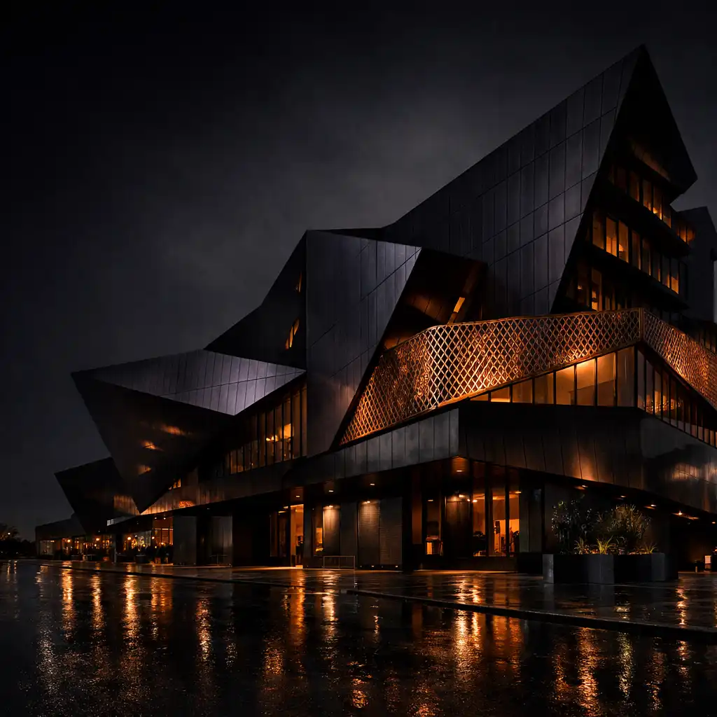 Copperfoldresort exterior in Perth at night, with folded dark facade planes and amber-lit entry details.