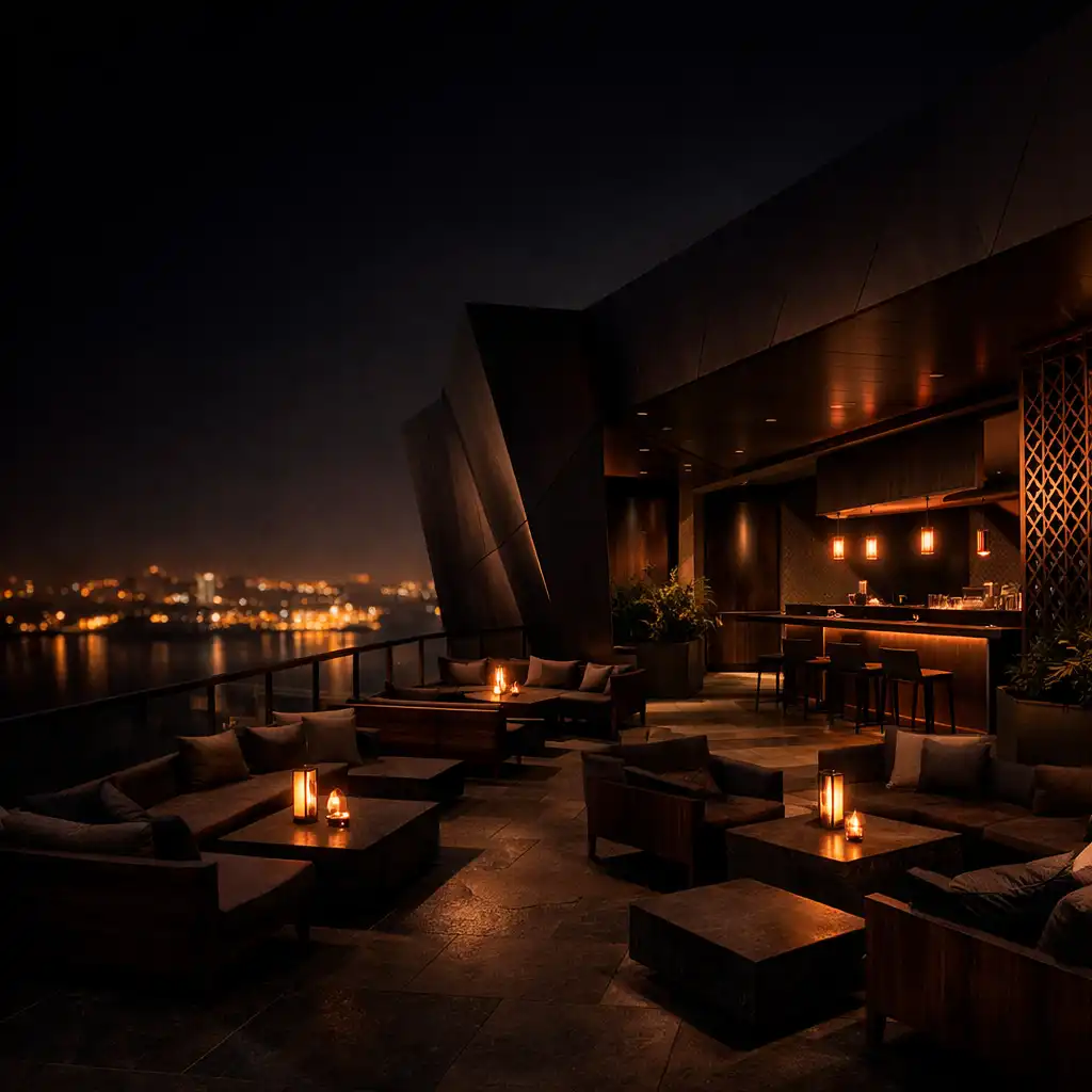Copper-toned rooftop lounge architecture illuminated by amber light at night