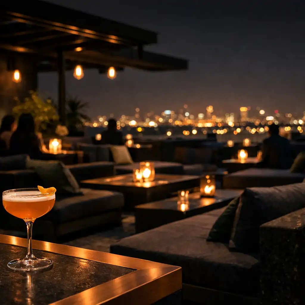 Rooftop lounge at night with dark seating, amber lights and a crafted drink on a copper-edged table.