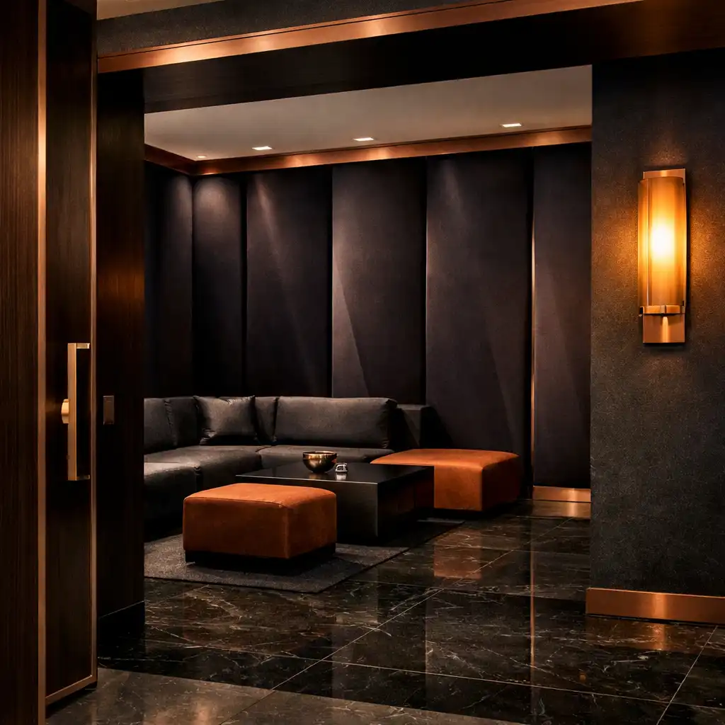 A dramatic suite arrival threshold with folded dark panels, copper trim and low lounge seating.