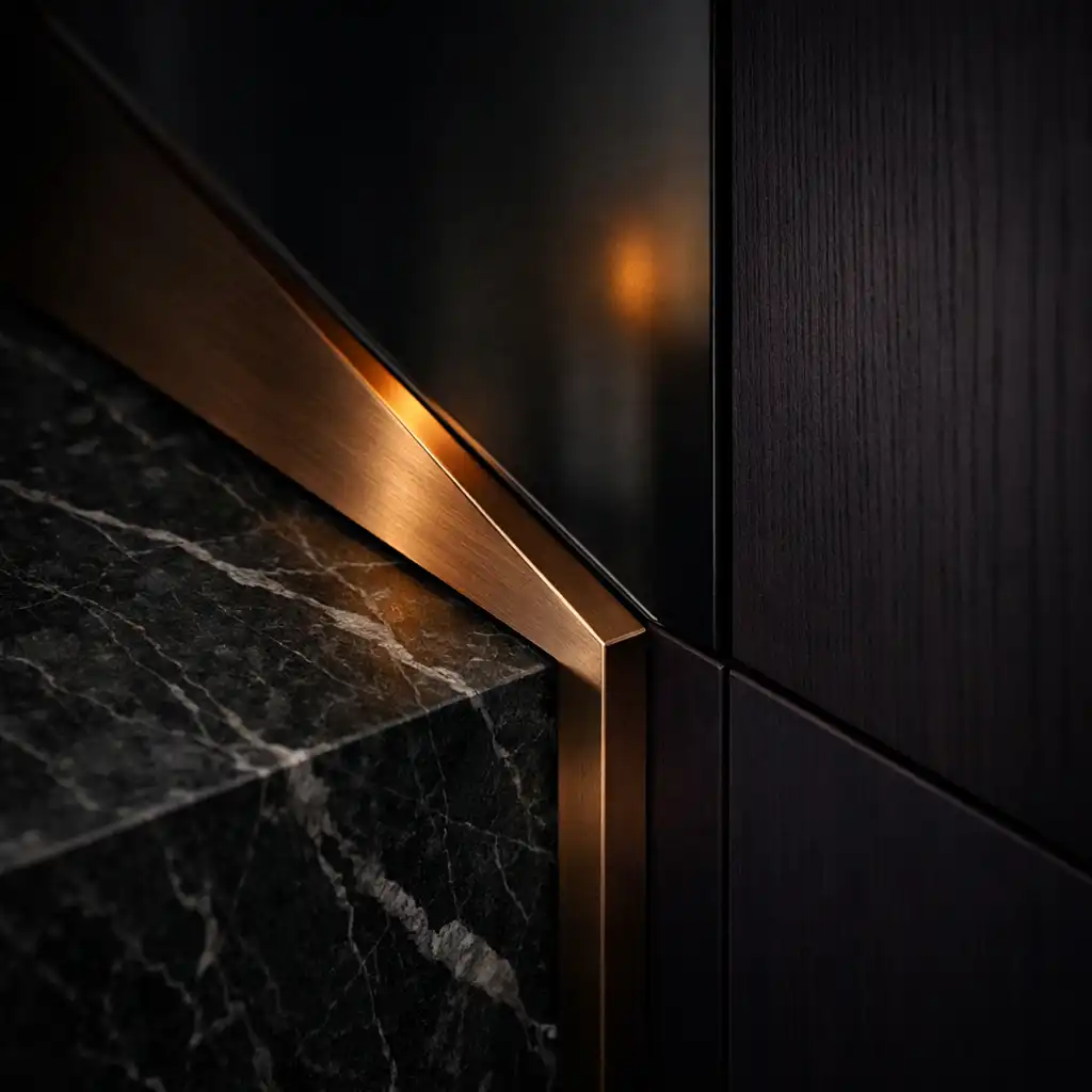 A close detail of brushed copper, dark stone, smoked glass and plum-black joinery.