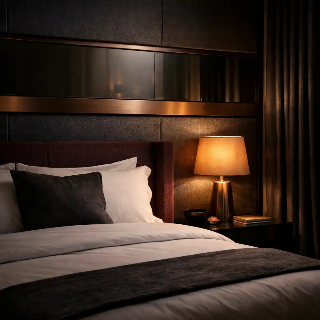 A quiet hotel bedroom with dark textured textiles and a soft amber bedside light.